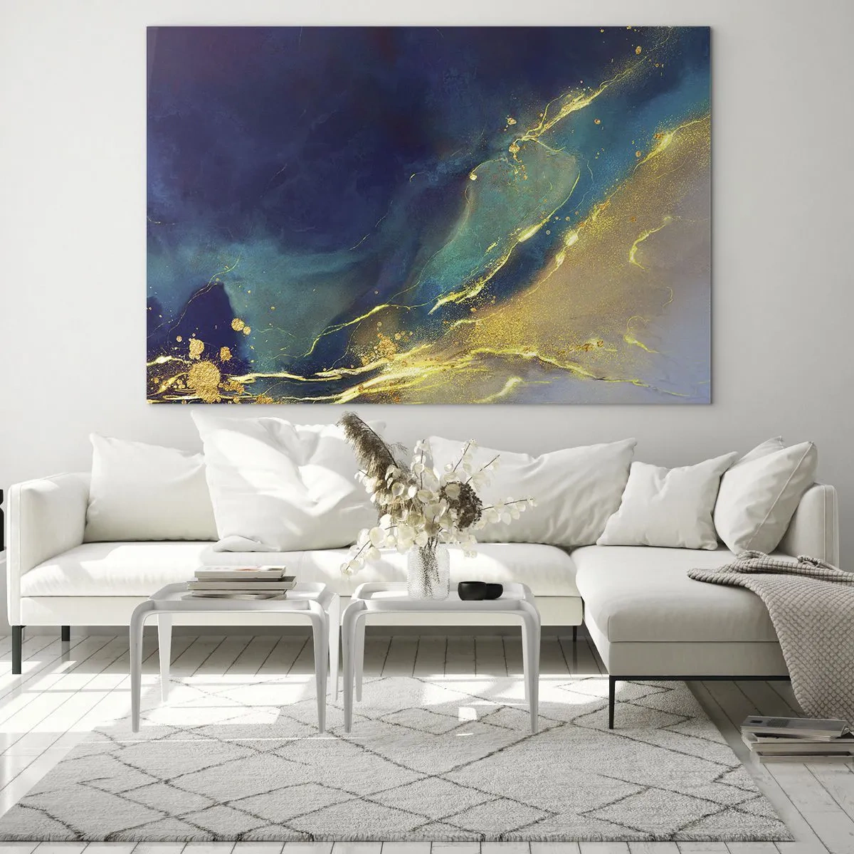 Impression sur verre - Image sur verre - Une composition abstraite dans les tons bleu marine, turquoise et or - 120x80cm - Coulée d'or - Décoration murale moderne pour le salon et la chambre ARTTOR