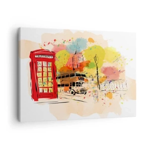 Impression sur toile - Image sur toile - Thème londonien avec bus rouge et stand - 70x50cm - La ville de la variété - Décoration murale moderne pour le salon et la chambre ARTTOR