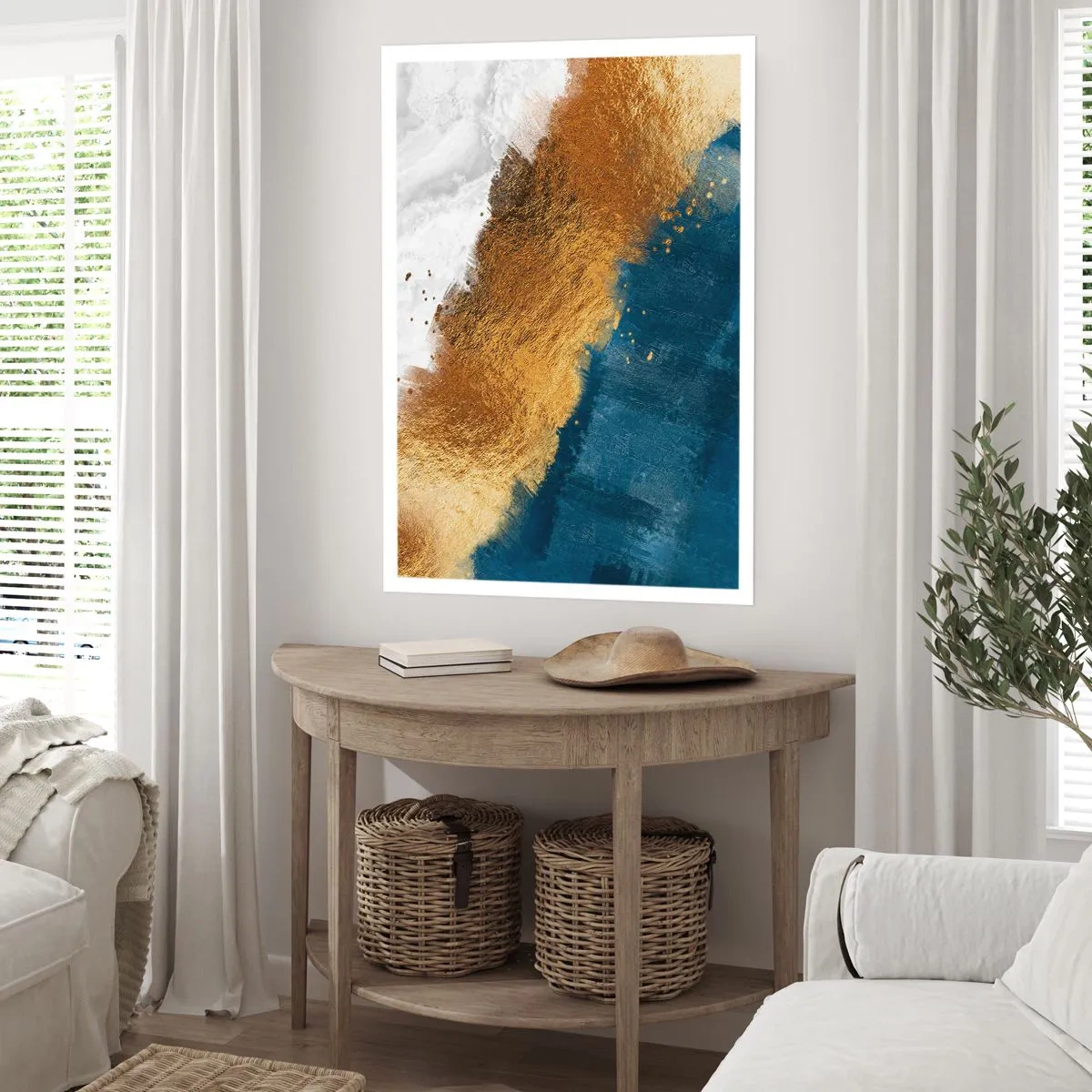 Affiche - Poster - Une composition abstraite d'or, de bleu marine et de blanc - 50x70cm - Les couleurs de l’été - Décoration murale moderne pour le salon et la chambre ARTTOR