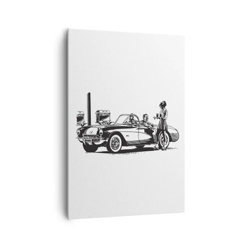 Impression sur toile - Image sur toile - Une scène rétro en noir et blanc avec une voiture et une serveuse en patins à roulettes. - 70x100cm - 60's - Amérique insouciante - Décoration murale moderne pour le salon et la chambre ARTTOR
