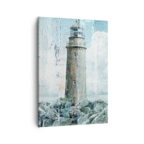 Impression sur toile - Image sur toile - Un phare sur une côte rocheuse aux couleurs pastel - 50x70cm - Sur du vieux bois - Décoration murale moderne pour le salon et la chambre ARTTOR