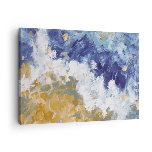 Impression sur toile - Image sur toile - Abstraction dans les tons de bleu, blanc et or - 70x50cm - Danse des éléments - Décoration murale moderne pour le salon et la chambre ARTTOR