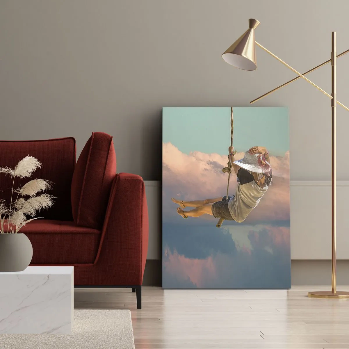 Impression sur toile - Image sur toile - Femme sur une balançoire parmi les nuages roses - 80x120cm - S'amuser dans les nuages - Décoration murale moderne pour le salon et la chambre ARTTOR