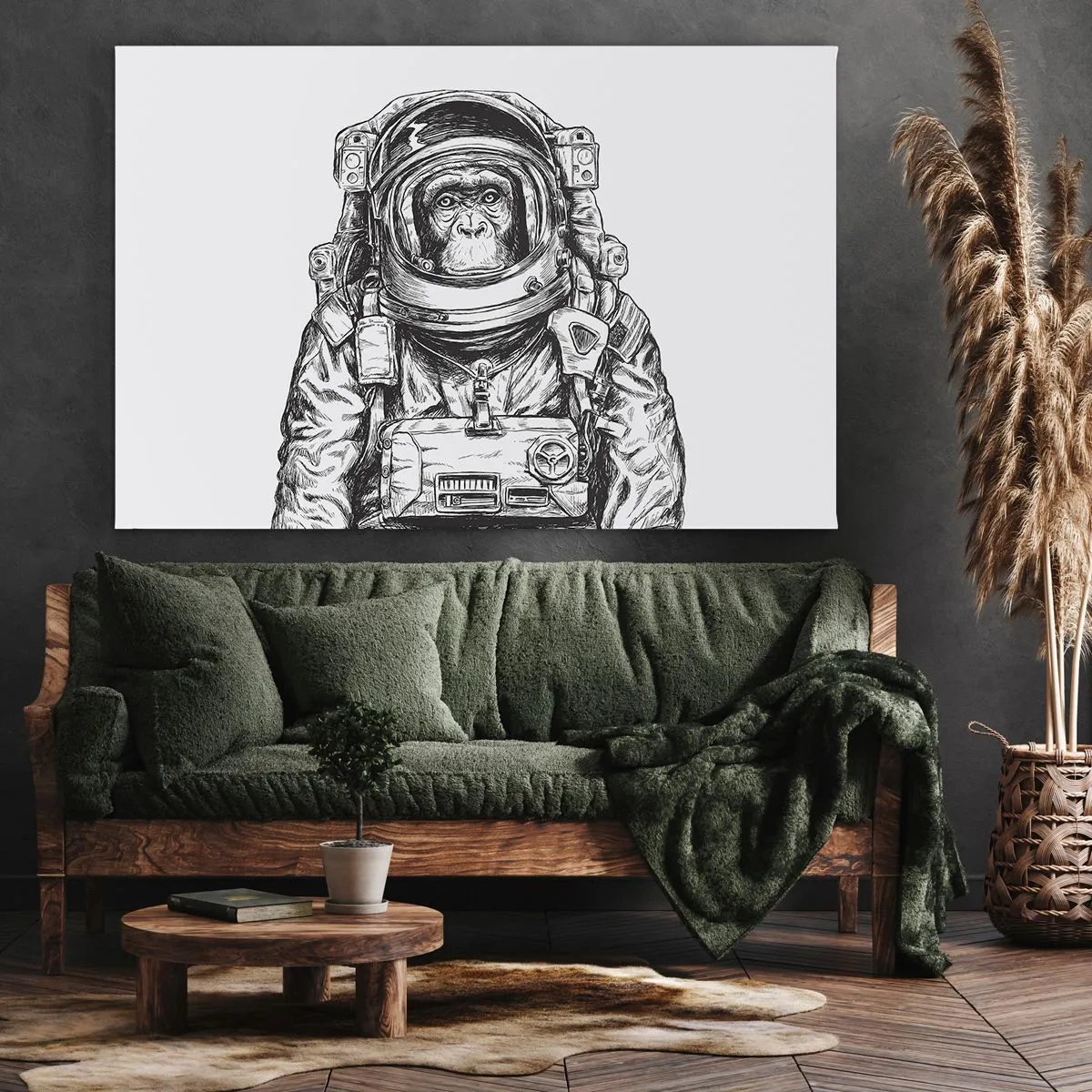 Impression sur toile - Image sur toile - Graphique d'un astronaute en combinaison spatiale avec une tête de singe - 70x50cm - Évolution alternative - Décoration murale moderne pour le salon et la chambre ARTTOR