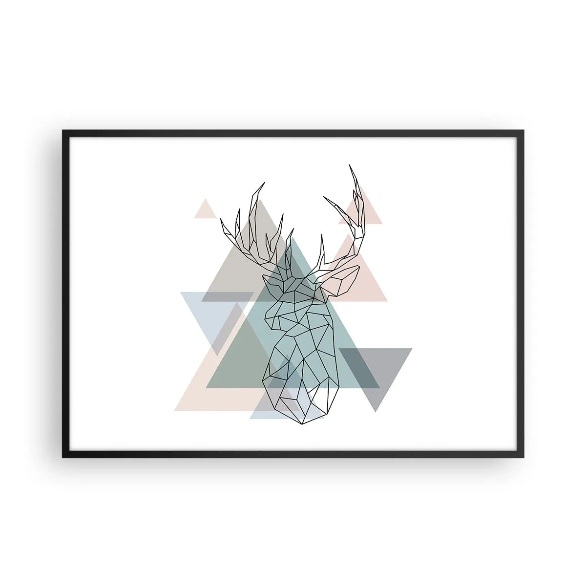 Affiche dans un cadre noir - Poster - Cerf géométrique sur fond de triangles pastel - 100x70cm - Dans une forêt géométrique - Décoration murale moderne pour le salon et la chambre ARTTOR