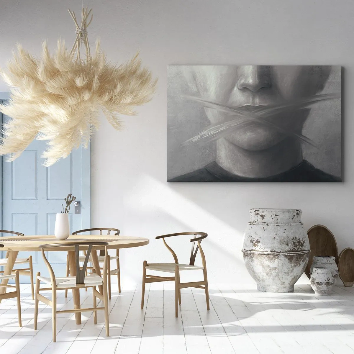 Impression sur toile - Image sur toile - Un portrait symbolique aux lèvres floues dans des tons gris. - 70x50cm - Sans mot - Décoration murale moderne pour le salon et la chambre ARTTOR