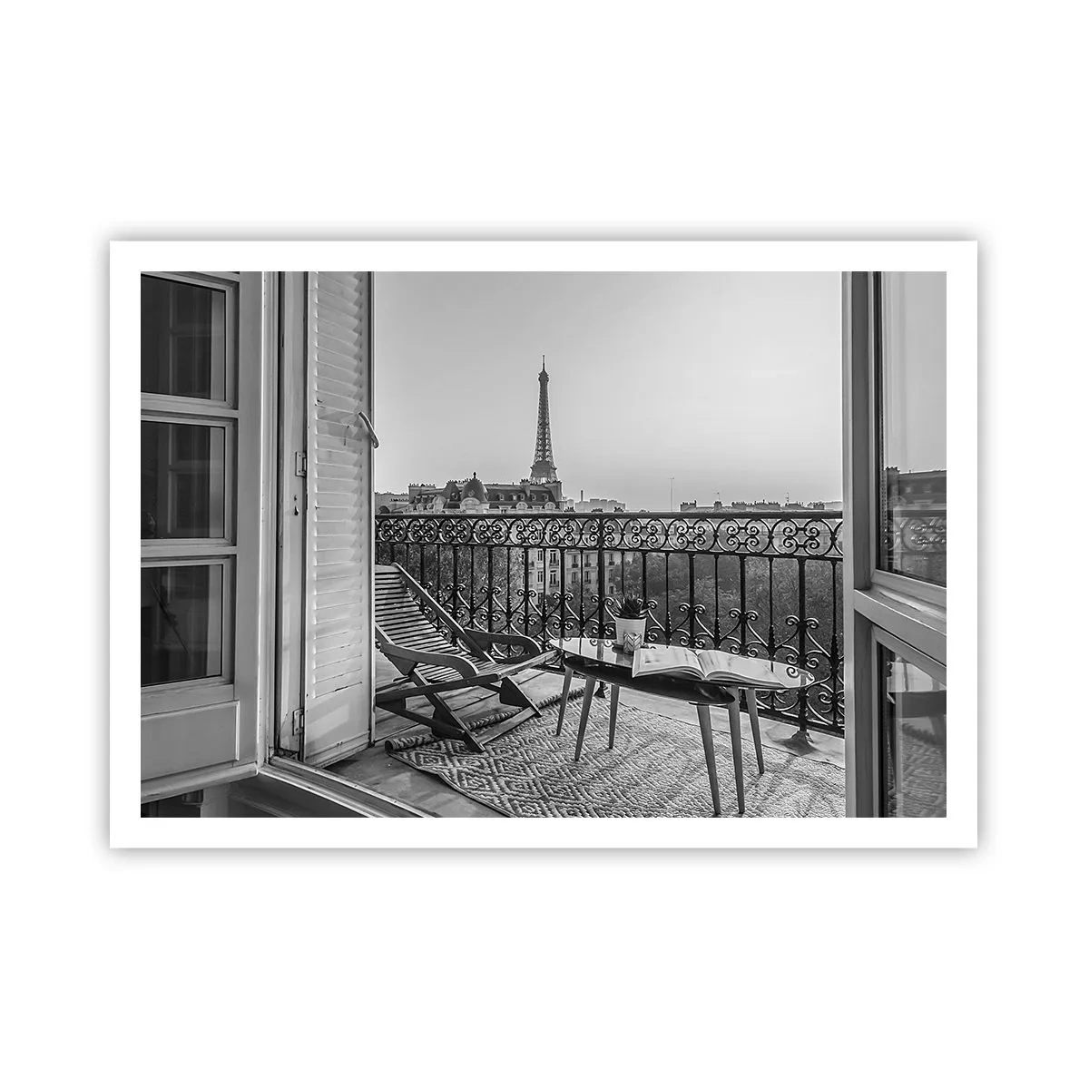 Affiche - Poster - Vue sur la Tour Eiffel depuis le balcon avec transats et table - 100x70cm - Après-midi parisien - Décoration murale moderne pour le salon et la chambre ARTTOR