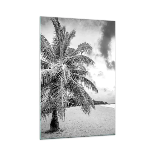 Impression sur verre - Image sur verre - Palmier noir et blanc sur une plage déserte avec des nuages - 80x120cm - Quand tu aspires à la solitude - Décoration murale moderne pour le salon et la chambre ARTTOR
