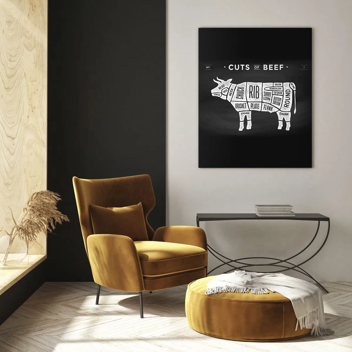 Impression sur verre - Image sur verre - Diagramme de coupe de bœuf sur un tableau noir - 50x70cm - L'art de la découpe - Décoration murale moderne pour le salon et la chambre ARTTOR