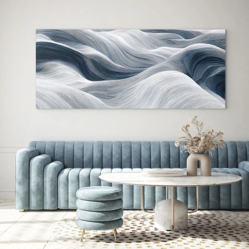 Impression sur verre - Image sur verre - Lignes ondulées dans des tons de bleu et de blanc - 160x50cm - Vagues blanches et bleues - Décoration murale moderne pour le salon et la chambre ARTTOR