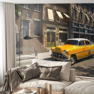 Papier Peint Photo Standard Eco - Un taxi classique jaune sur fond de ville rétro - 100x70cm - Il y a longtemps en Amérique - Décoration murale moderne pour le salon et la chambre ARTTOR