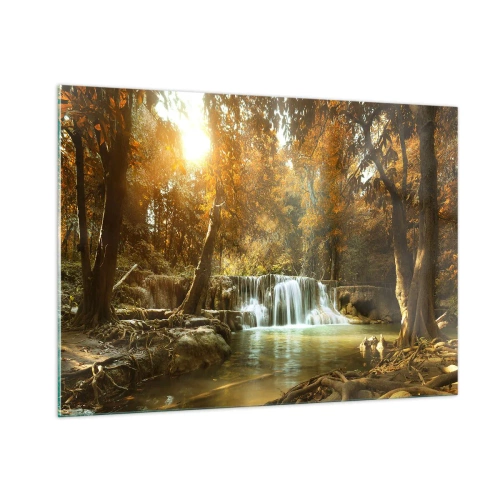 Impression sur verre - Image sur verre - Une cascade dans un parc entouré d'arbres aux couleurs d'automne - 100x70cm - Cascade du parc - Décoration murale moderne pour le salon et la chambre ARTTOR