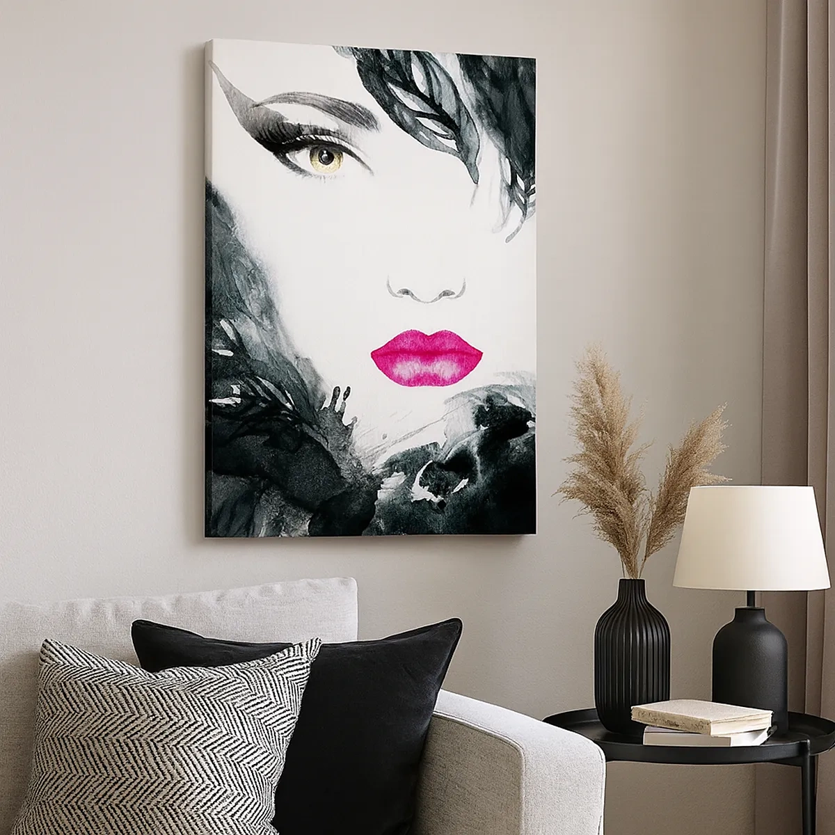 Impression sur toile - Image sur toile - Portrait artistique d'une femme aux lèvres intensément roses - 50x70cm - Attention! Femme fatale - Décoration murale moderne pour le salon et la chambre ARTTOR