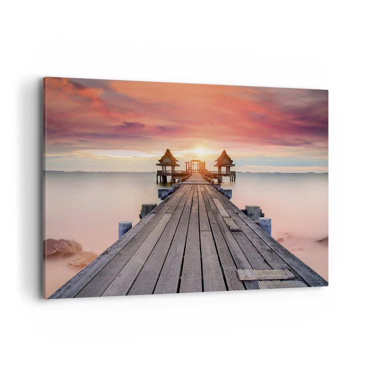 Impression sur toile - Image sur toile - Jetée en bois menant aux belvédères au coucher du soleil - 120x80cm - L'Ouest à l'Est - Décoration murale moderne pour le salon et la chambre ARTTOR