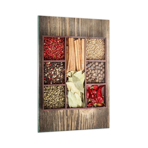 Impression sur verre - Image sur verre - Boîte en bois avec diverses épices dans des compartiments - 80x120cm - Ordre des formes, bouquet d'arômes - Décoration murale moderne pour le salon et la chambre ARTTOR