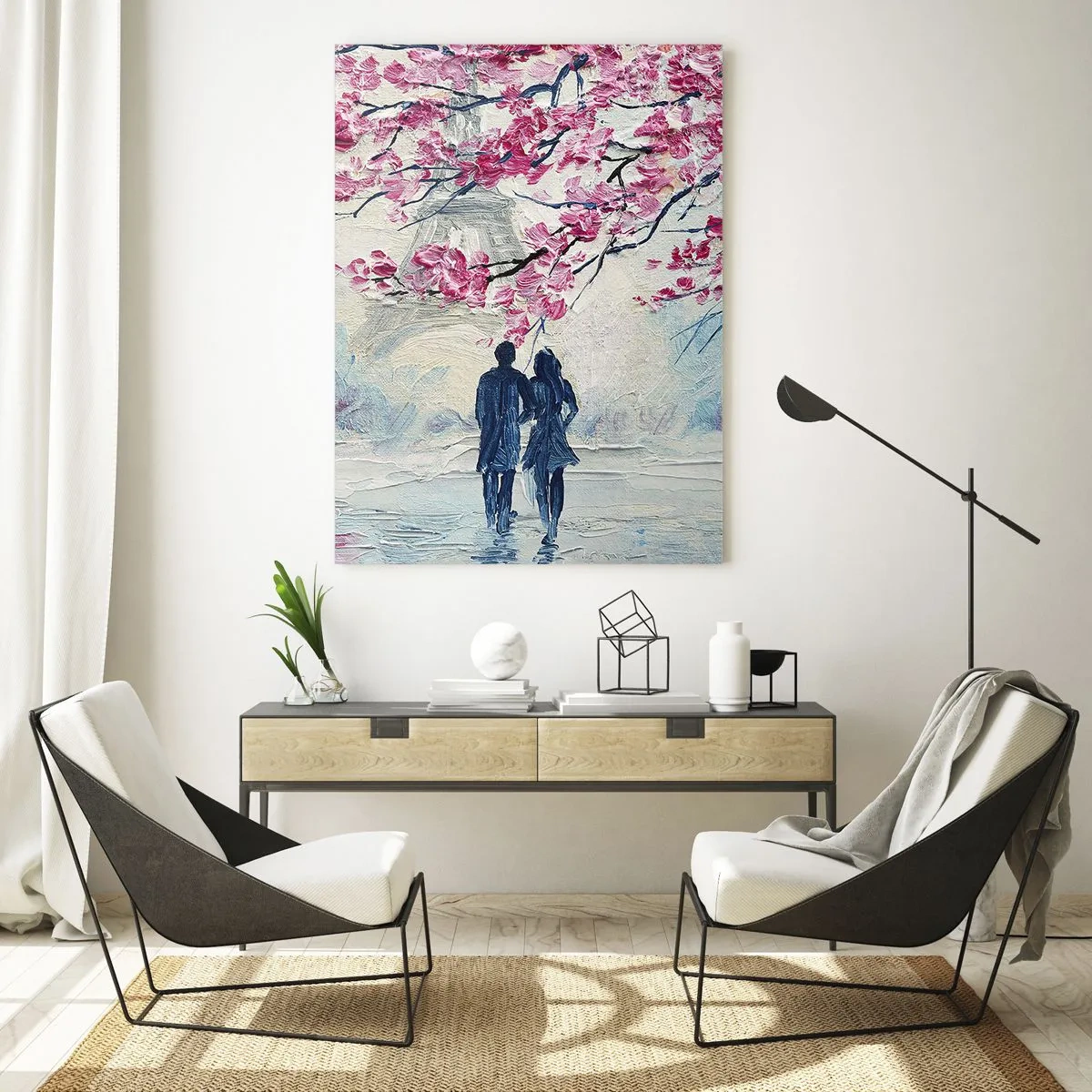 Impression sur verre - Image sur verre - Un couple se promenant sous des arbres en fleurs - 50x70cm - Ballade romantique - Décoration murale moderne pour le salon et la chambre ARTTOR