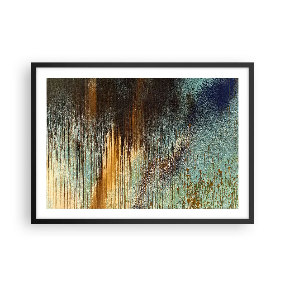 Affiche dans un cadre noir - Poster - Une composition abstraite de couleurs dans des tons d'or, de marron et de bleu. - 70x50cm - Une composition de couleirs non fortuite - Décoration murale moderne pour le salon et la chambre ARTTOR