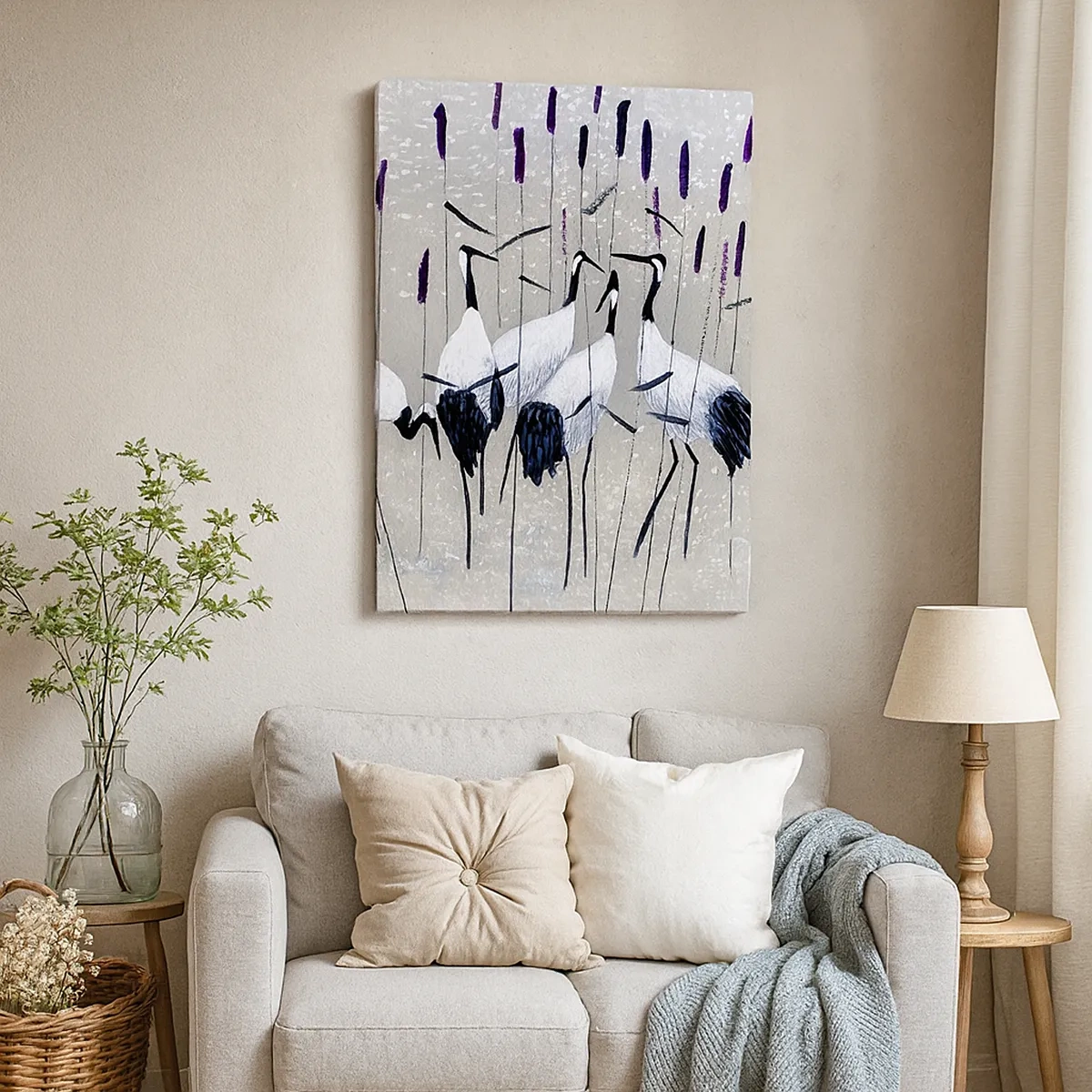 Impression sur toile - Image sur toile - Hérons dans l'herbe sur un fond paisible - 50x70cm - Parmi les siens - Décoration murale moderne pour le salon et la chambre ARTTOR