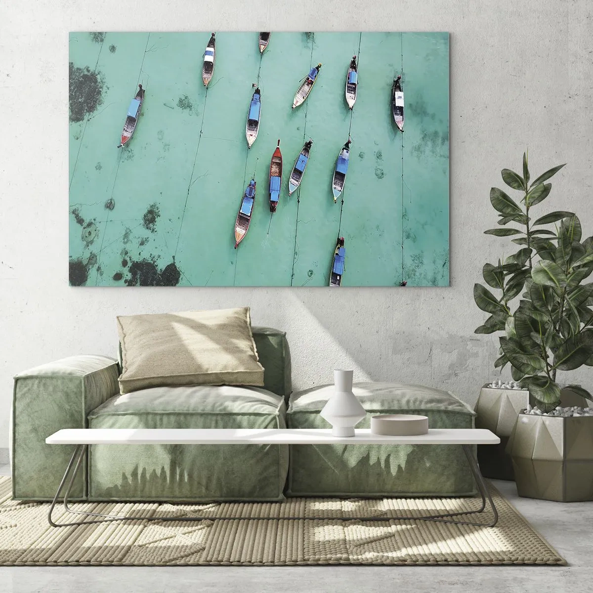 Impression sur verre - Image sur verre - Bateaux sur l'eau turquoise vus d'en haut - 100x70cm - Dans une attente jouyeuse - Décoration murale moderne pour le salon et la chambre ARTTOR