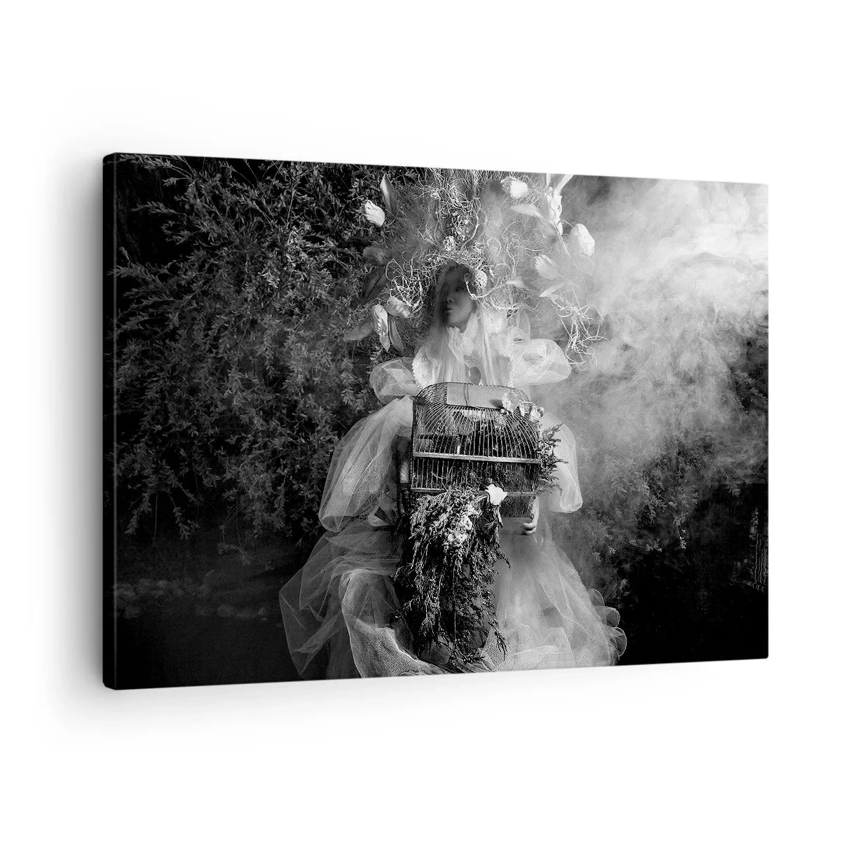 Impression sur toile - Image sur toile - Une composition en noir et blanc avec une figure en robe et une cage dans le brouillard. - 70x50cm - Tout simplement Mère Nature - Décoration murale moderne pour le salon et la chambre ARTTOR