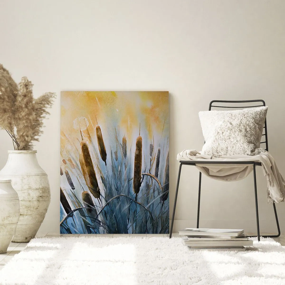 Impression sur verre - Image sur verre - Roseaux pittoresques sous les rayons du soleil - 70x100cm - Fraicheur de l'eau, chaleur du soleil - Décoration murale moderne pour le salon et la chambre ARTTOR