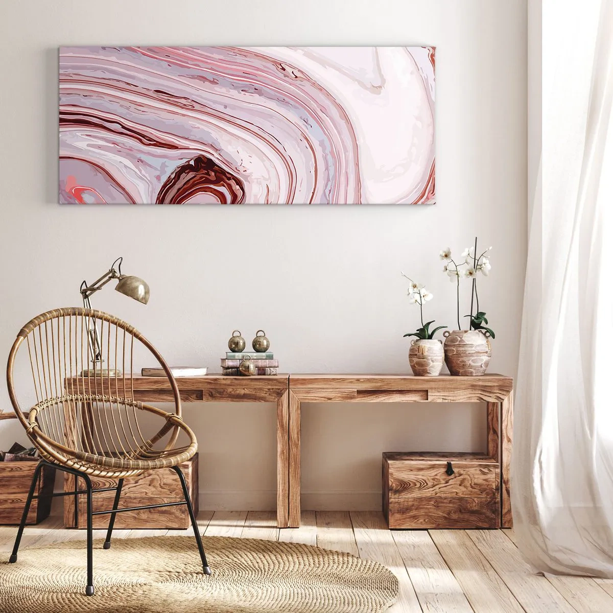Impression sur toile - Image sur toile - Motif abstrait en rose et blanc - 120x50cm - Tout droit, puis tout en bas - Décoration murale moderne pour le salon et la chambre ARTTOR