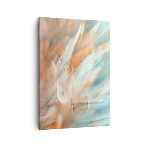 Impression sur toile - Image sur toile - Plumes délicates dans des tons pastel de bleu et d'orange - 50x70cm - Au pays de la douceur - Décoration murale moderne pour le salon et la chambre ARTTOR