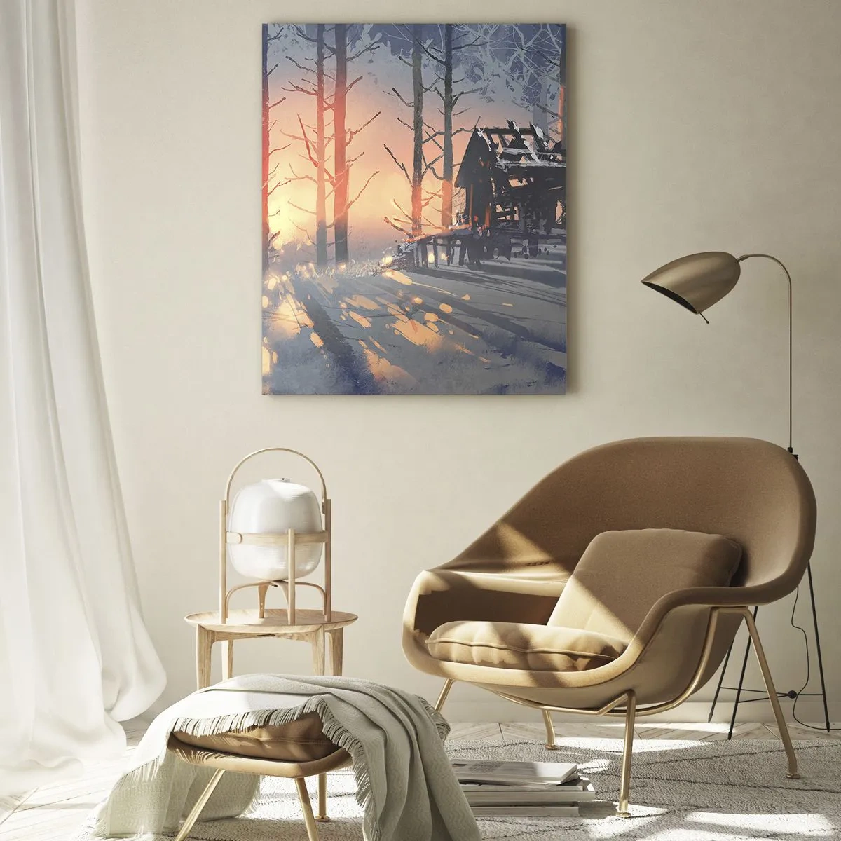 Impression sur verre - Image sur verre - Forêt d'hiver au coucher du soleil avec un chalet en arrière-plan - 50x70cm - Seul le soleil regarde ici - Décoration murale moderne pour le salon et la chambre ARTTOR