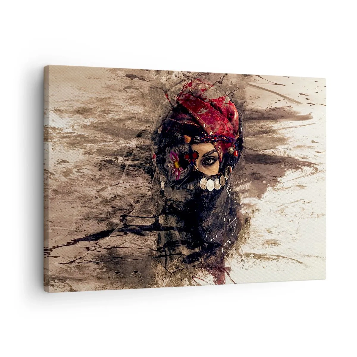 Impression sur toile - Image sur toile - Portrait artistique d'une femme en tenue orientale sur fond abstrait. - 70x50cm - Inquiétant, c'est le moins qu'on puisse dire - Décoration murale moderne pour le salon et la chambre ARTTOR