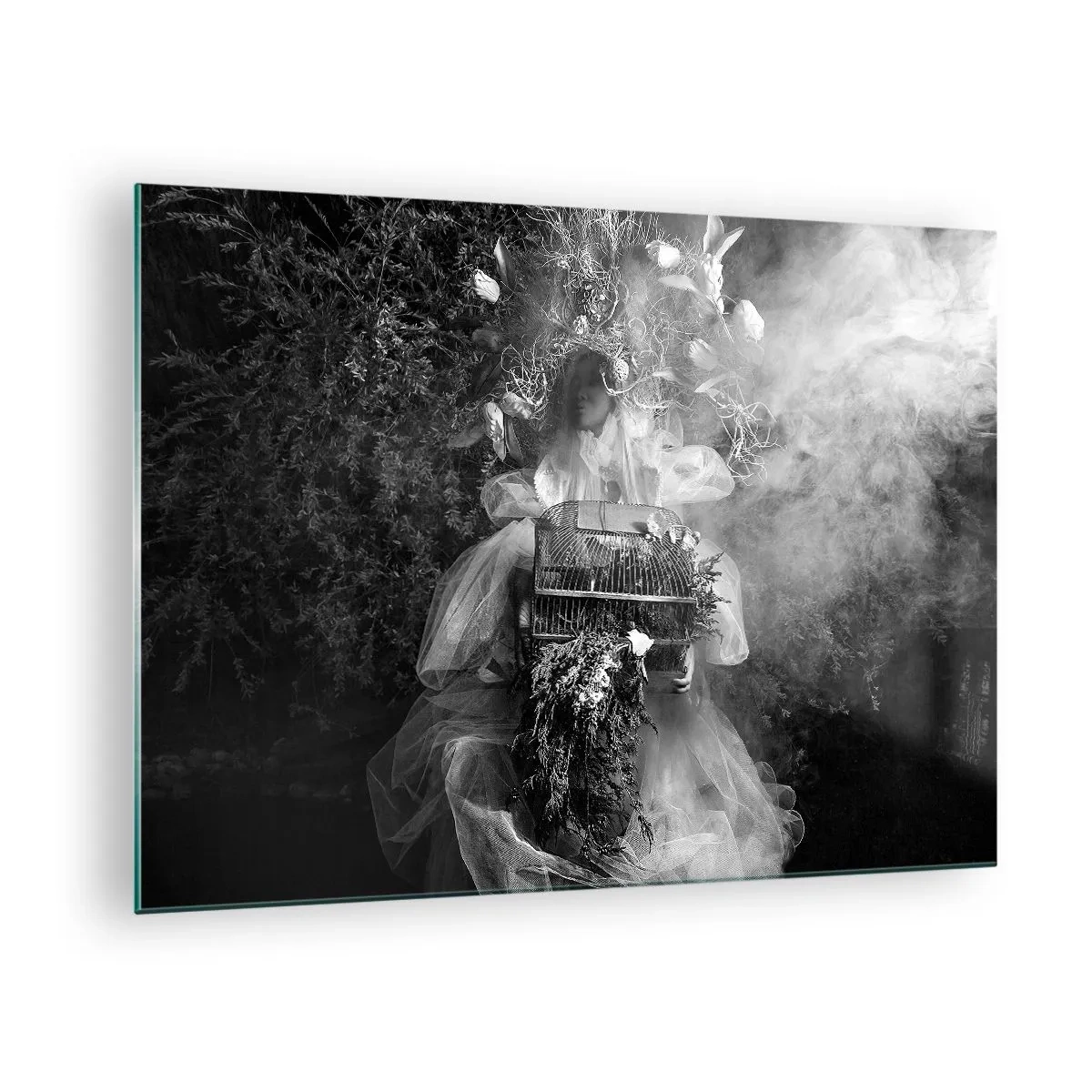 Impression sur verre - Image sur verre - Femme en robe cage en tulle et couronne de plantes en noir et blanc - 70x50cm - Tout simplement Mère Nature - Décoration murale moderne pour le salon et la chambre ARTTOR