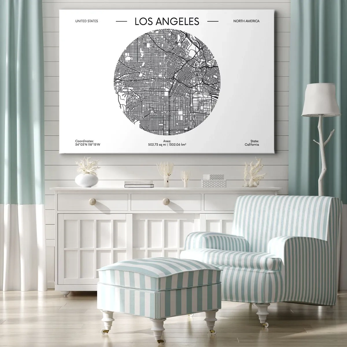 Impression sur toile - Image sur toile - Une carte de Los Angeles dans un style minimaliste en noir et blanc - 120x80cm - Anatomie de Los Angeles - Décoration murale moderne pour le salon et la chambre ARTTOR