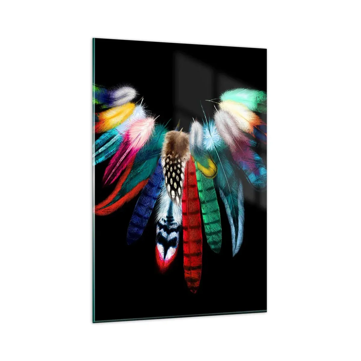 Impression sur verre - Image sur verre - Plumes colorées sur fond noir dans une composition artistique - 80x120cm - Collier indien - Décoration murale moderne pour le salon et la chambre ARTTOR