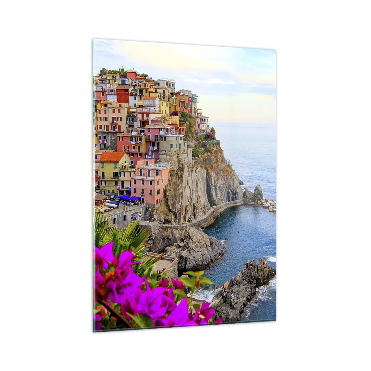 Impression sur verre - Image sur verre - Maisons colorées sur une falaise surplombant la mer - 50x70cm - La ville qui rit - Décoration murale moderne pour le salon et la chambre ARTTOR