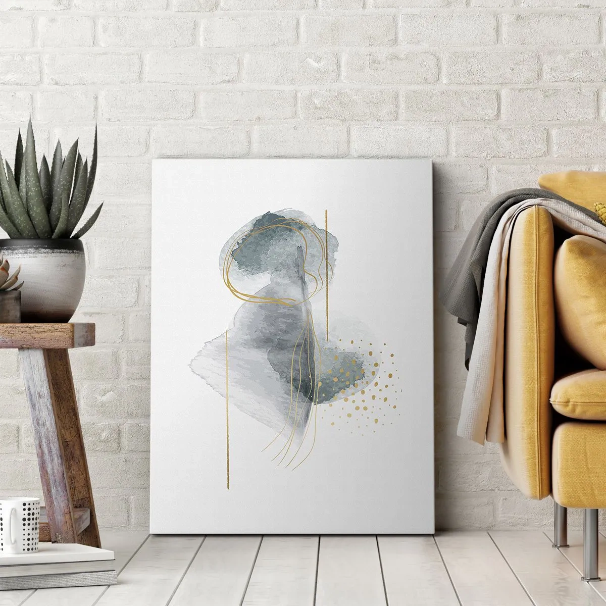 Impression sur toile - Image sur toile - Une composition abstraite dans des tons turquoise et or. - 50x70cm - À propos de la relation entre le gris et l'or - Décoration murale moderne pour le salon et la chambre ARTTOR