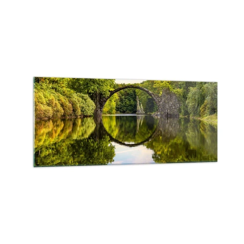 Impression sur verre - Image sur verre - Un pont de pierre sur une rivière avec un reflet parfait dans l'eau - 120x50cm - À la jonction de deux mondes - Décoration murale moderne pour le salon et la chambre ARTTOR