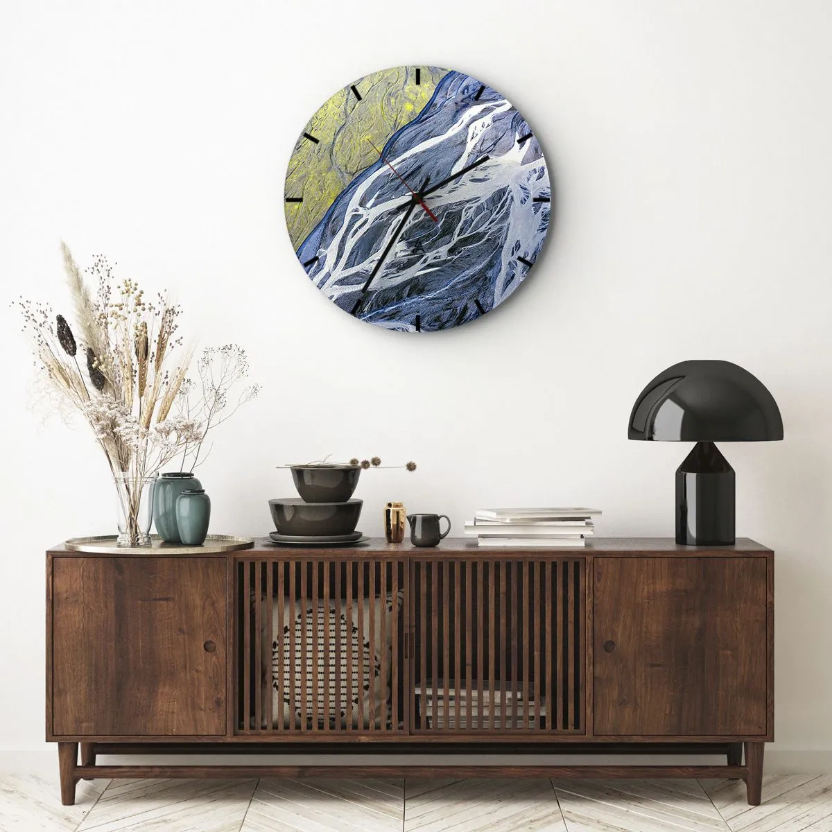 Horloge murale - Pendule murale - Photographie aérienne abstraite des rivières et des sédiments - 30x30cm - Peintures rupestres de la nature - Décoration murale moderne pour le salon, la cuisine et la chambre ARTTOR