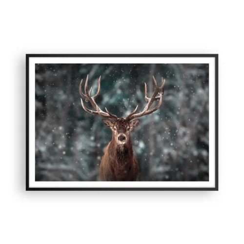 Affiche dans un cadre noir - Poster - Cerf dans une forêt d'hiver avec de la neige qui tombe - 100x70cm - Roi de la forêt couronné - Décoration murale moderne pour le salon et la chambre ARTTOR