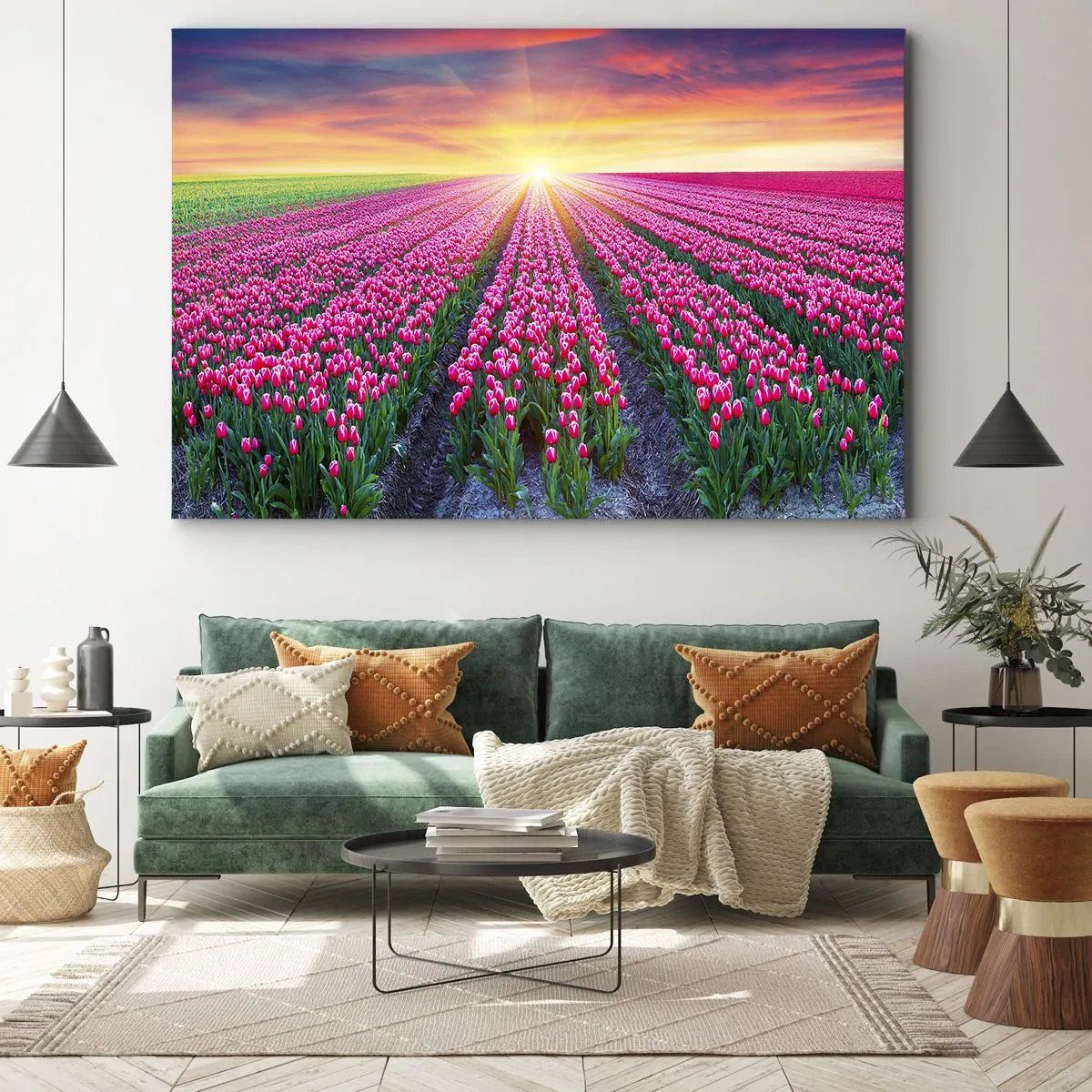 Impression sur toile - Image sur toile - Un champ de tulipes au coucher du soleil - 120x80cm - Ferme de la beauté - Décoration murale moderne pour le salon et la chambre ARTTOR