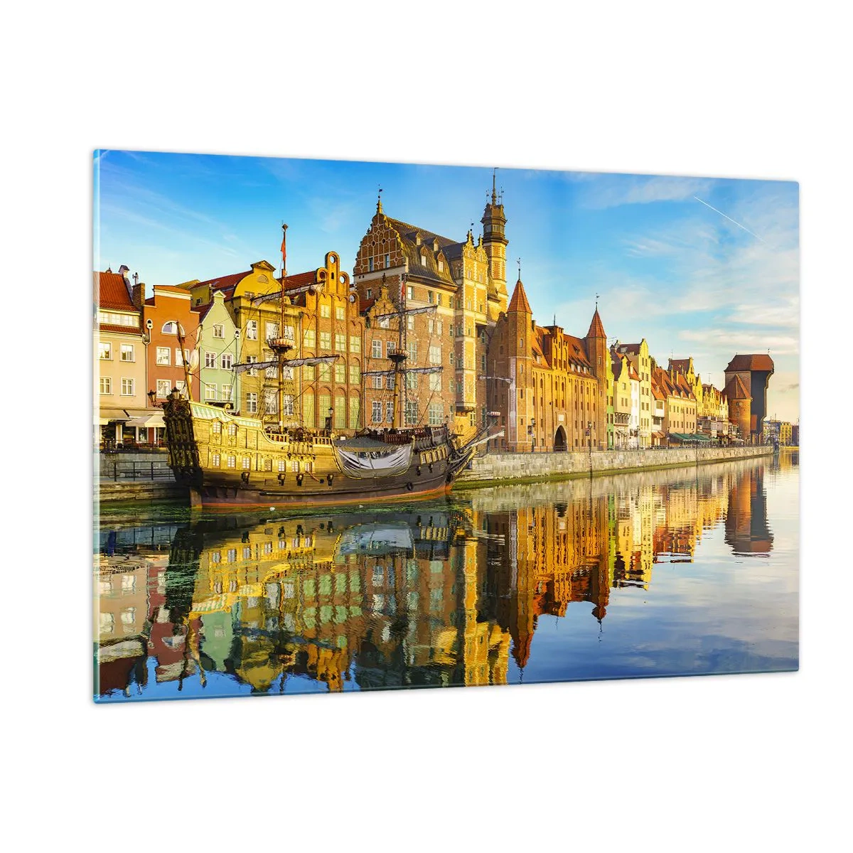 Impression sur verre - Image sur verre - La vieille ville de Gdańsk avec un reflet dans l'eau - 120x80cm - Reflet dans le miroir du passé - Décoration murale moderne pour le salon et la chambre ARTTOR