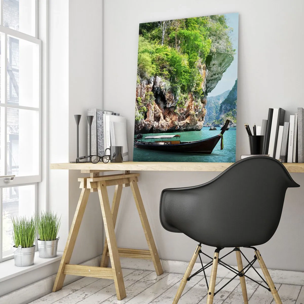 Impression sur verre - Image sur verre - Un bateau traditionnel sur fond de falaises tropicales et d'eaux turquoises - 80x120cm - Une invitation à un voyage exotique - Décoration murale moderne pour le salon et la chambre ARTTOR