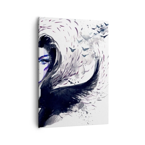 Impression sur toile - Image sur toile - Visage abstrait avec des éléments contrastés et un motif d'aile - 50x70cm - Démoniaque et belle - Décoration murale moderne pour le salon et la chambre ARTTOR