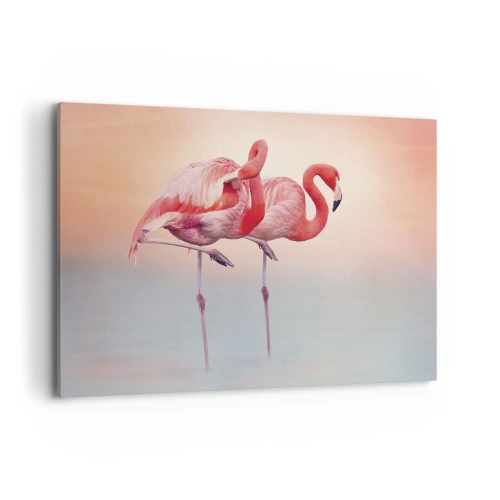 Impression sur toile - Image sur toile - Flamants roses aux couleurs pastel délicates sur fond d'eau - 120x80cm - Dans les couleurs du soleil couchant - Décoration murale moderne pour le salon et la chambre ARTTOR