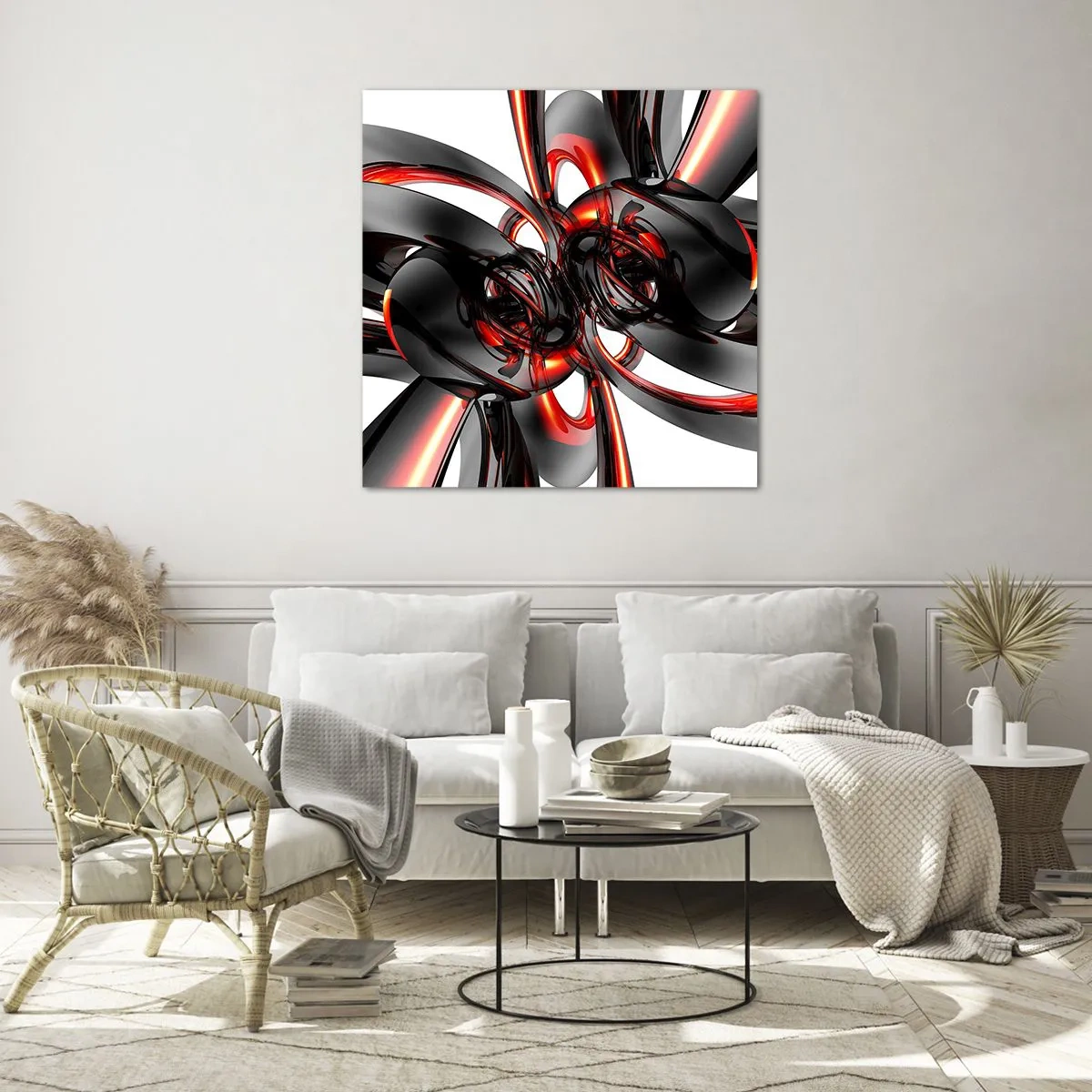 Impression sur verre - Image sur verre - Mouvement de graphite et rouge - 70x70 cm