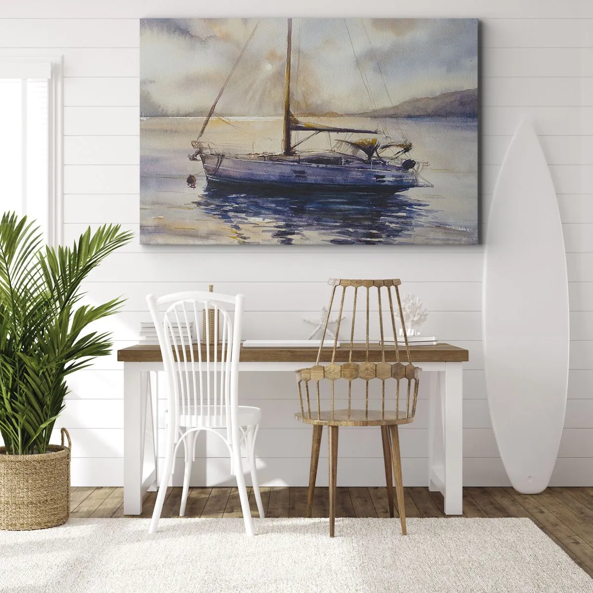 Impression sur toile - Image sur toile - Un yacht sur une mer calme au coucher du soleil - 100x70cm - Soirée sur la baie - Décoration murale moderne pour le salon et la chambre ARTTOR