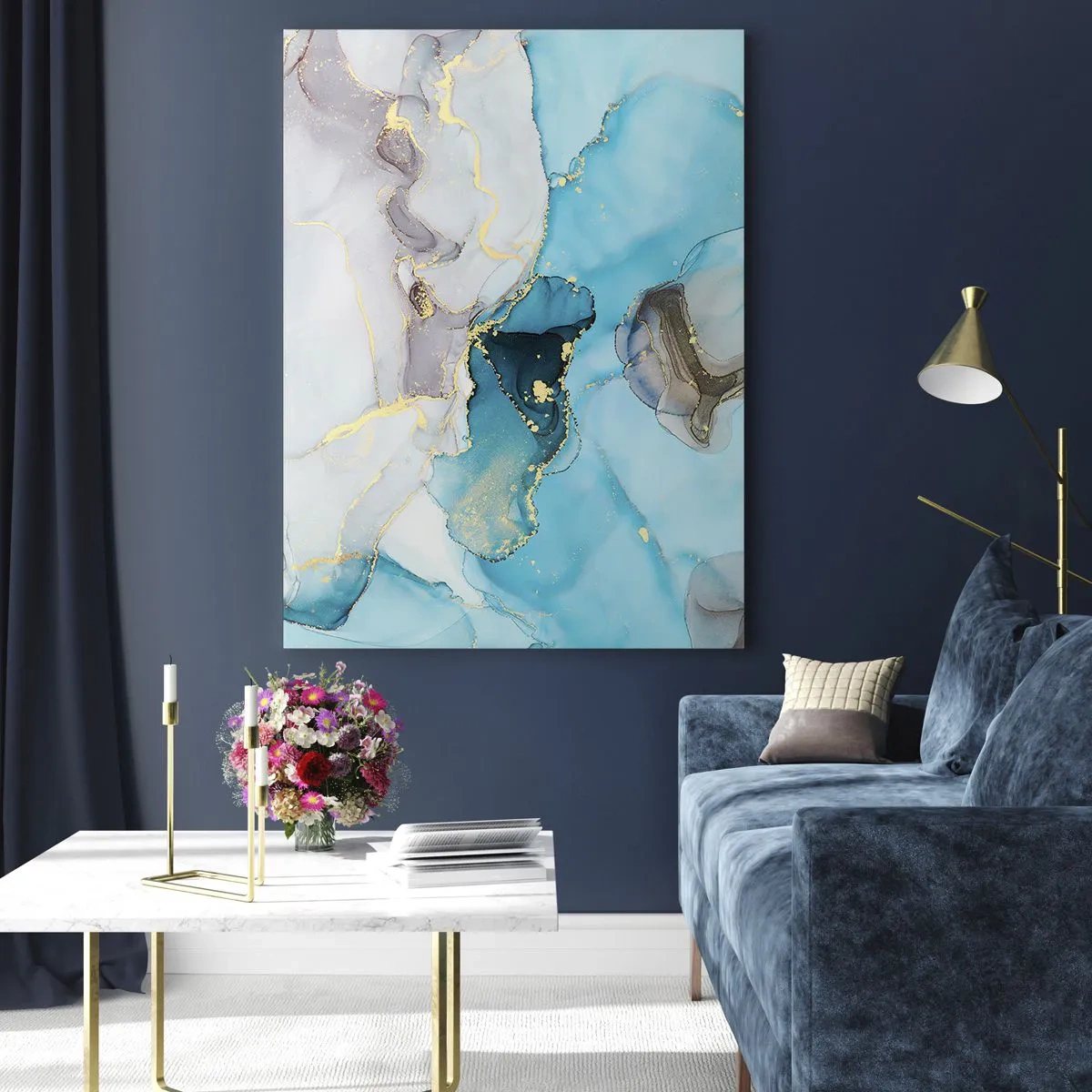 Impression sur verre - Image sur verre - Vagues turquoise et grises avec des accents dorés - 50x70cm - Etude de la rencontre gris et turquoise - Décoration murale moderne pour le salon et la chambre ARTTOR