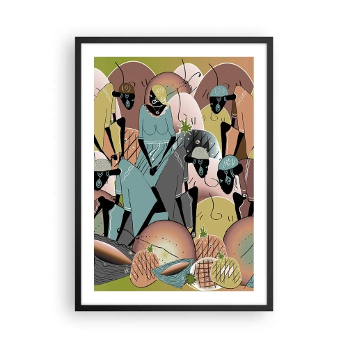 Affiche dans un cadre noir - Poster - Une composition stylisée de figures africaines avec des fruits aux couleurs pastel. - 50x70cm - De grandes fêtes arrivent - Décoration murale moderne pour le salon et la chambre ARTTOR