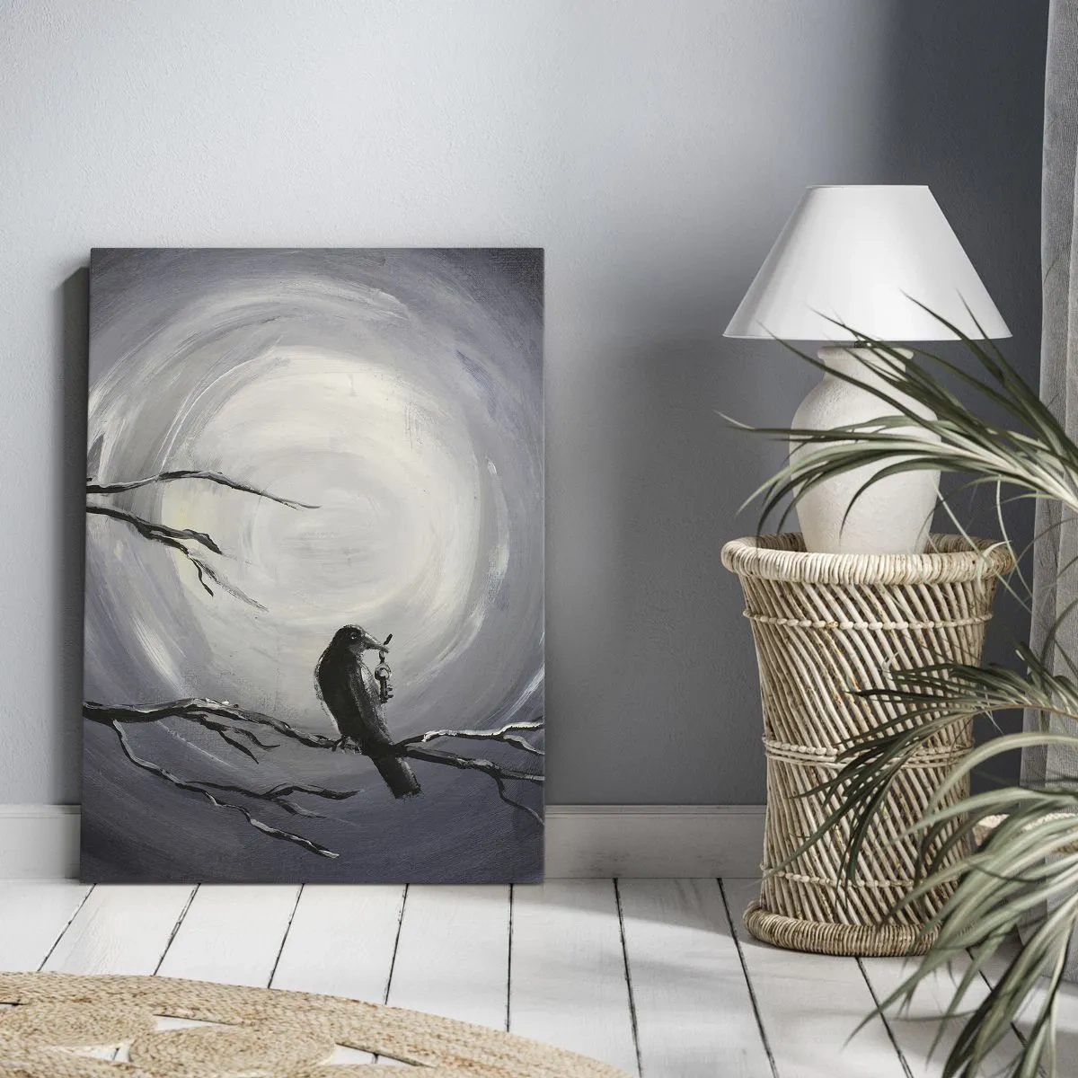 Impression sur toile - Image sur toile - Oiseau noir sur une branche au clair de lune - 70x100cm - La clé du mystère de la nuit - Décoration murale moderne pour le salon et la chambre ARTTOR