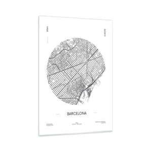 Impression sur verre - Image sur verre - Une carte de Barcelone dans un style minimaliste en noir et blanc - 80x120cm - Anatomie de Barcelone - Décoration murale moderne pour le salon et la chambre ARTTOR