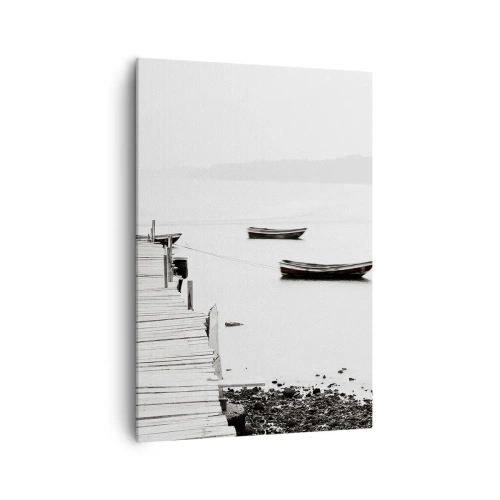 Impression sur toile - Image sur toile - Jetée en bois et bateaux sur une eau calme - 70x100cm - Calme et propre au bord de l'eau - Décoration murale moderne pour le salon et la chambre ARTTOR