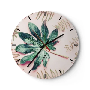 Horloge murale - Pendule murale - Une grande feuille verte sur un fond rose clair avec des détails floraux. - 30x30cm - Étude de verdure sur fond rose - Décoration murale moderne pour le salon, la cuisine et la chambre ARTTOR
